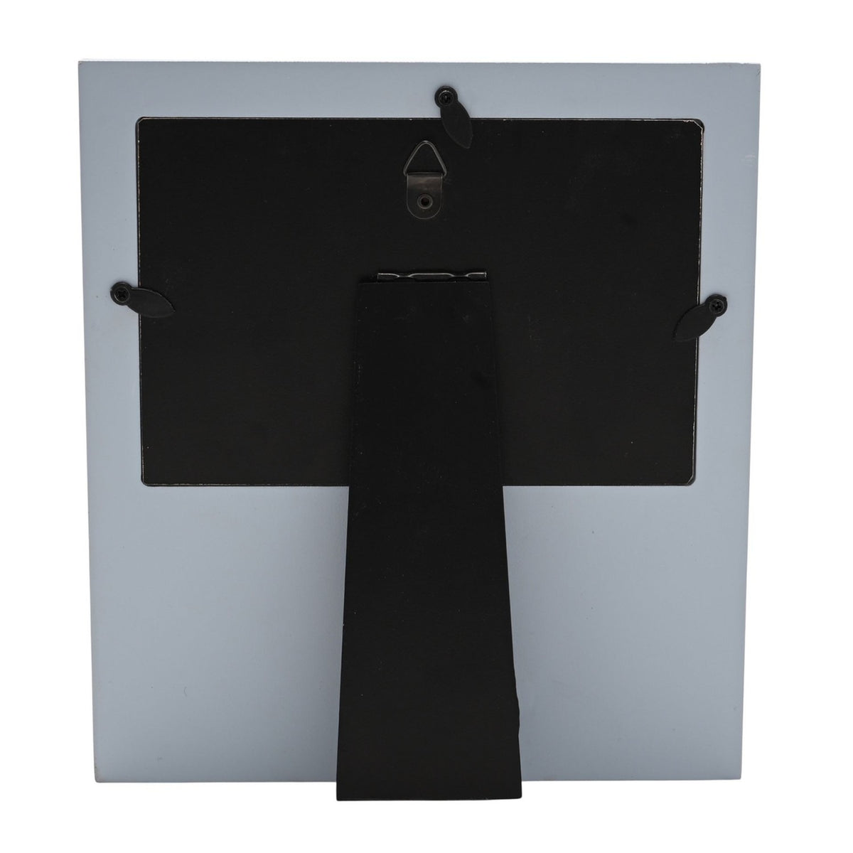 Rear view of the Engaged Heart Cut-Out Wooden Photo Frame 6 x 4in, showing a black easel stand, hanging hook and wall-mount clips on a light grey backing board.