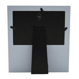 Rear view of the Engaged Heart Cut-Out Wooden Photo Frame 6 x 4in, showing a black easel stand, hanging hook and wall-mount clips on a light grey backing board.