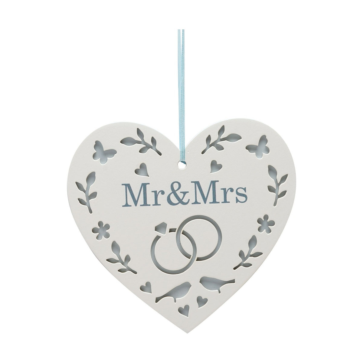 Mr & Mrs Cut Out Hanging Heart Wooden Plaque - White & Blue