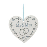 Mr & Mrs Cut Out Hanging Heart Wooden Plaque - White & Blue