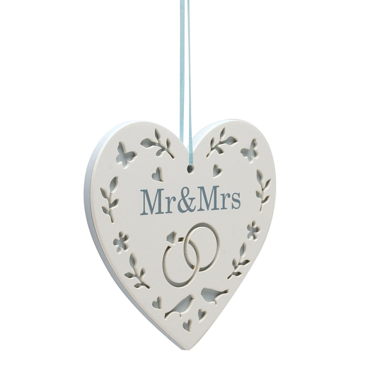 Mr & Mrs Cut Out Hanging Heart Wooden Plaque - White & Blue