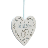 Mr & Mrs Cut Out Hanging Heart Wooden Plaque - White & Blue