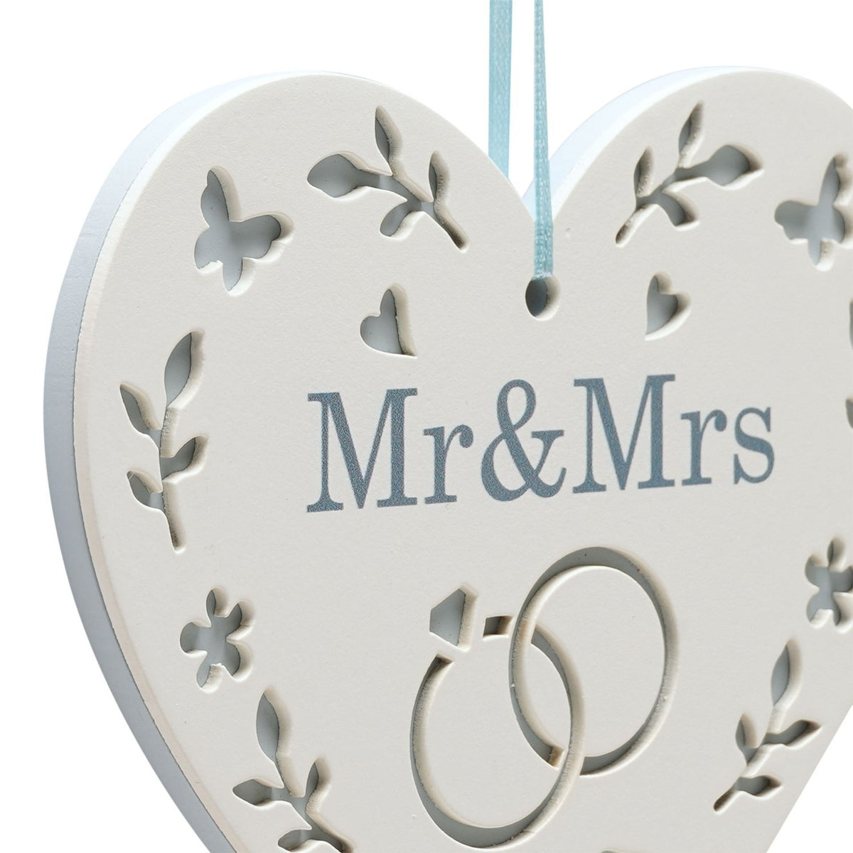 Mr & Mrs Cut Out Hanging Heart Wooden Plaque - White & Blue