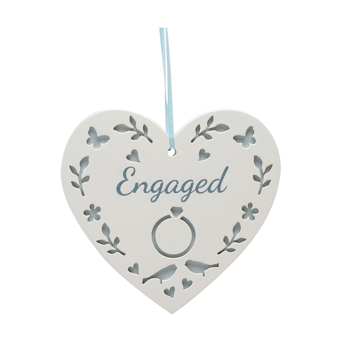 Engaged Cut-Out Hanging Heart Wooden Plaque - White & Blue