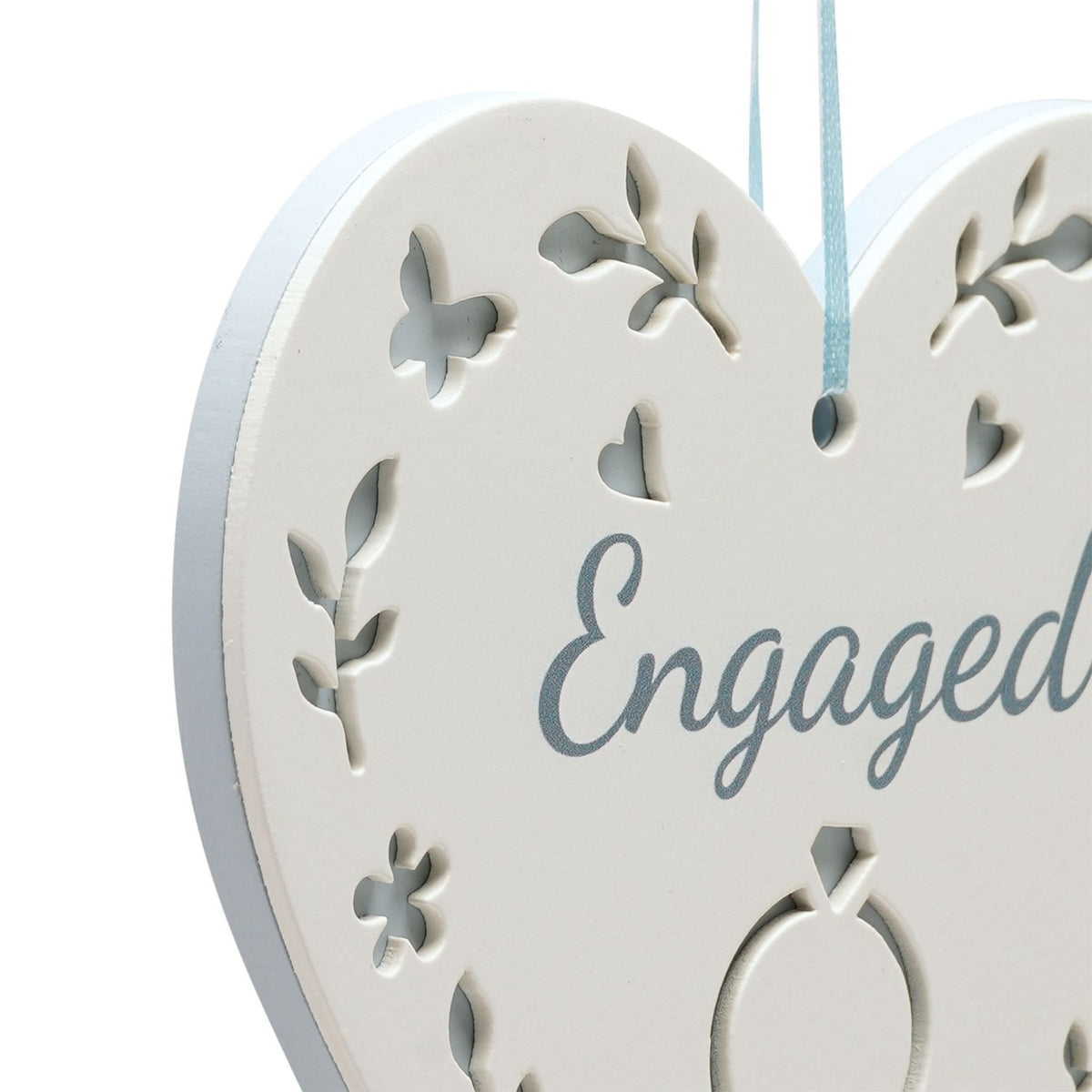 Engaged Cut-Out Hanging Heart Wooden Plaque - White & Blue