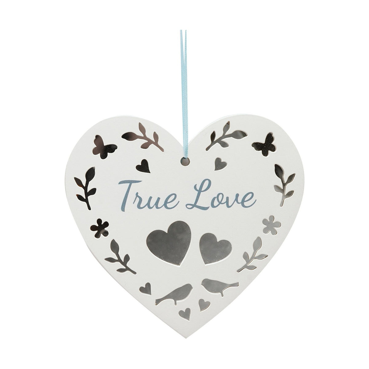 True Love Cut-Out Heart Hanging Wooden Plaque - White & Blue