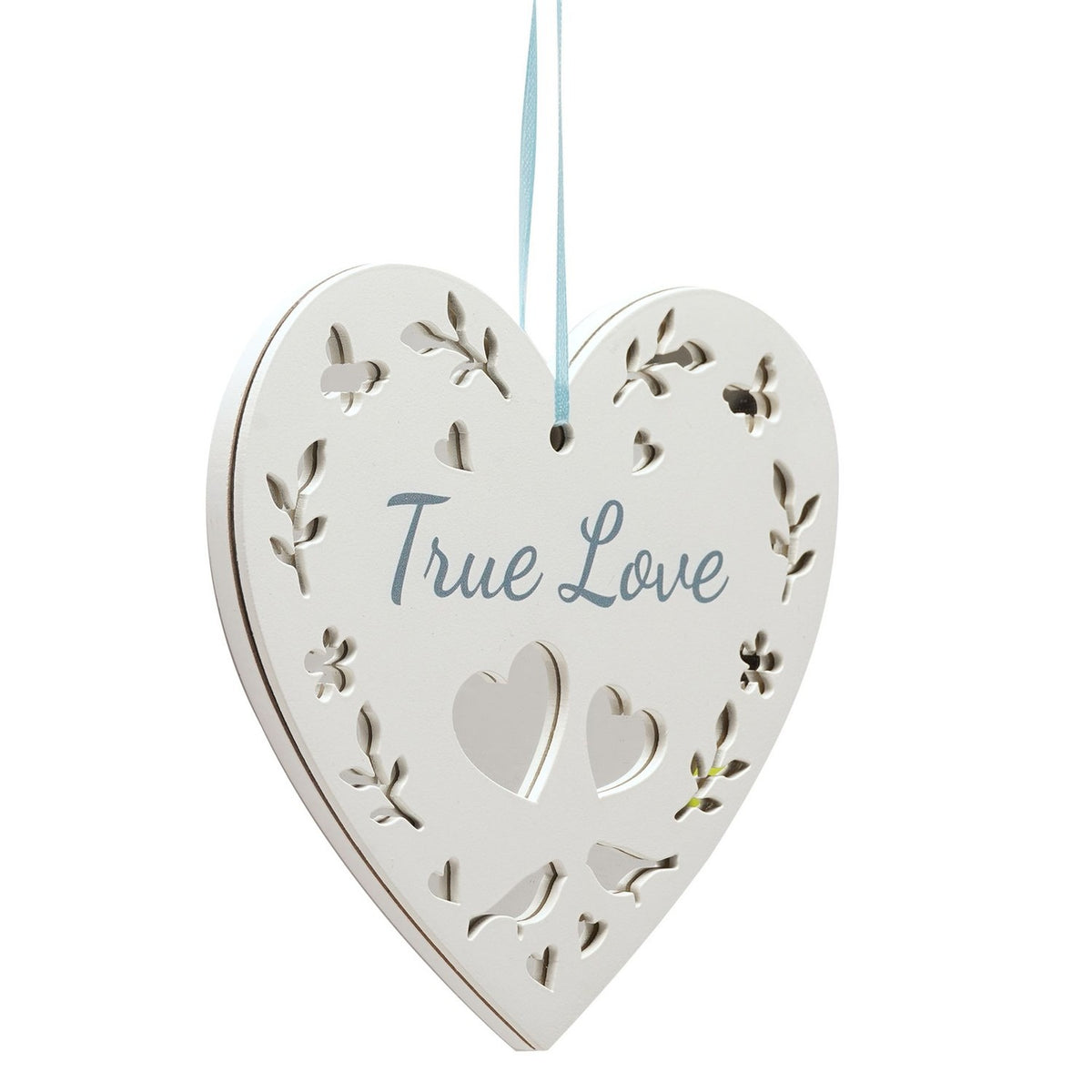 True Love Cut-Out Heart Hanging Wooden Plaque - White & Blue