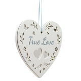 True Love Cut-Out Heart Hanging Wooden Plaque - White & Blue