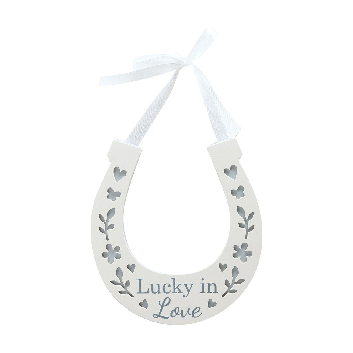 Lucky in Love Horseshoe Wooden Wall Art with Ribbon - White