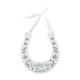Lucky in Love Horseshoe Wooden Wall Art with Ribbon - White