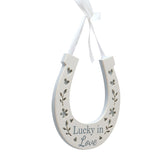Lucky in Love Horseshoe Wooden Wall Art with Ribbon - White