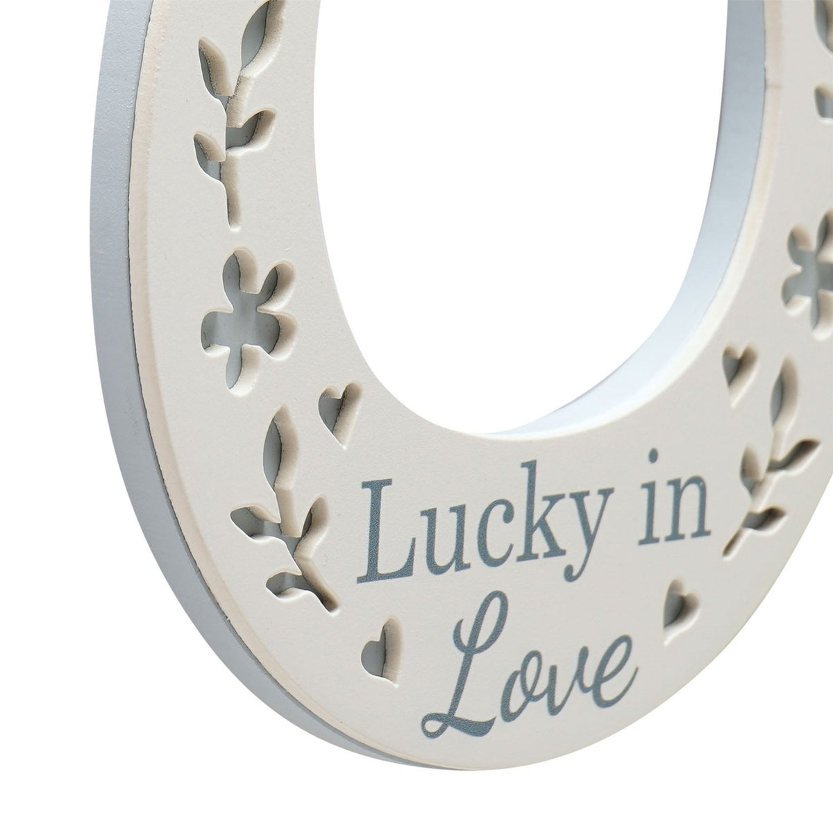 Lucky in Love Horseshoe Wooden Wall Art with Ribbon - White