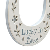 Lucky in Love Horseshoe Wooden Wall Art with Ribbon - White