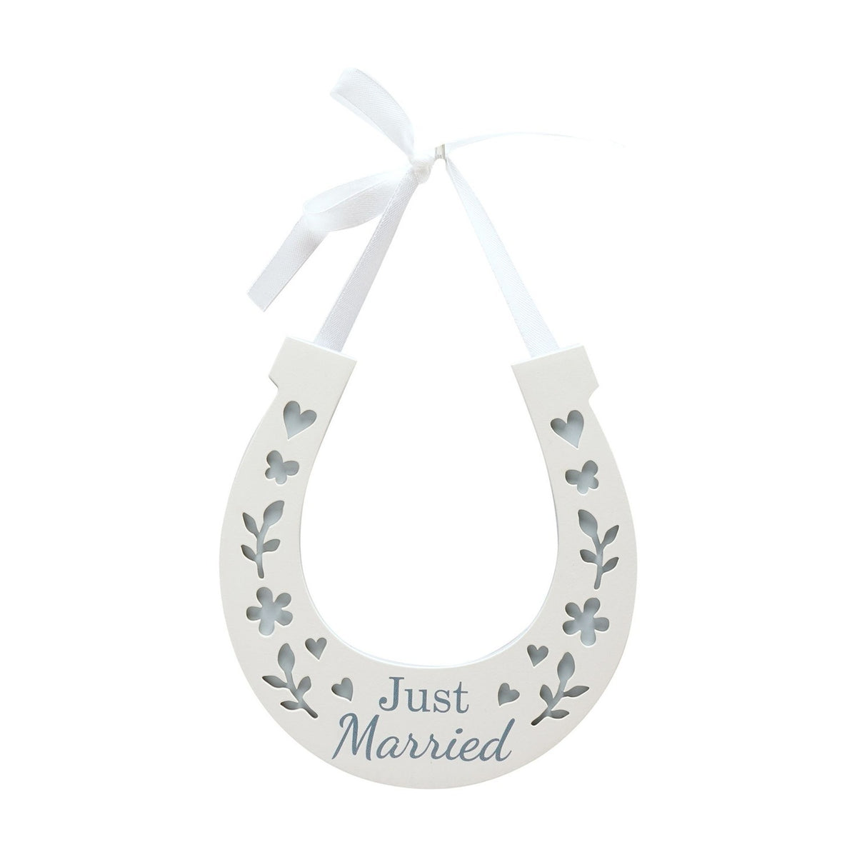 Just Married Wooden Horseshoe Wall Art with Ribbon - White