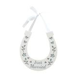 Just Married Wooden Horseshoe Wall Art with Ribbon - White