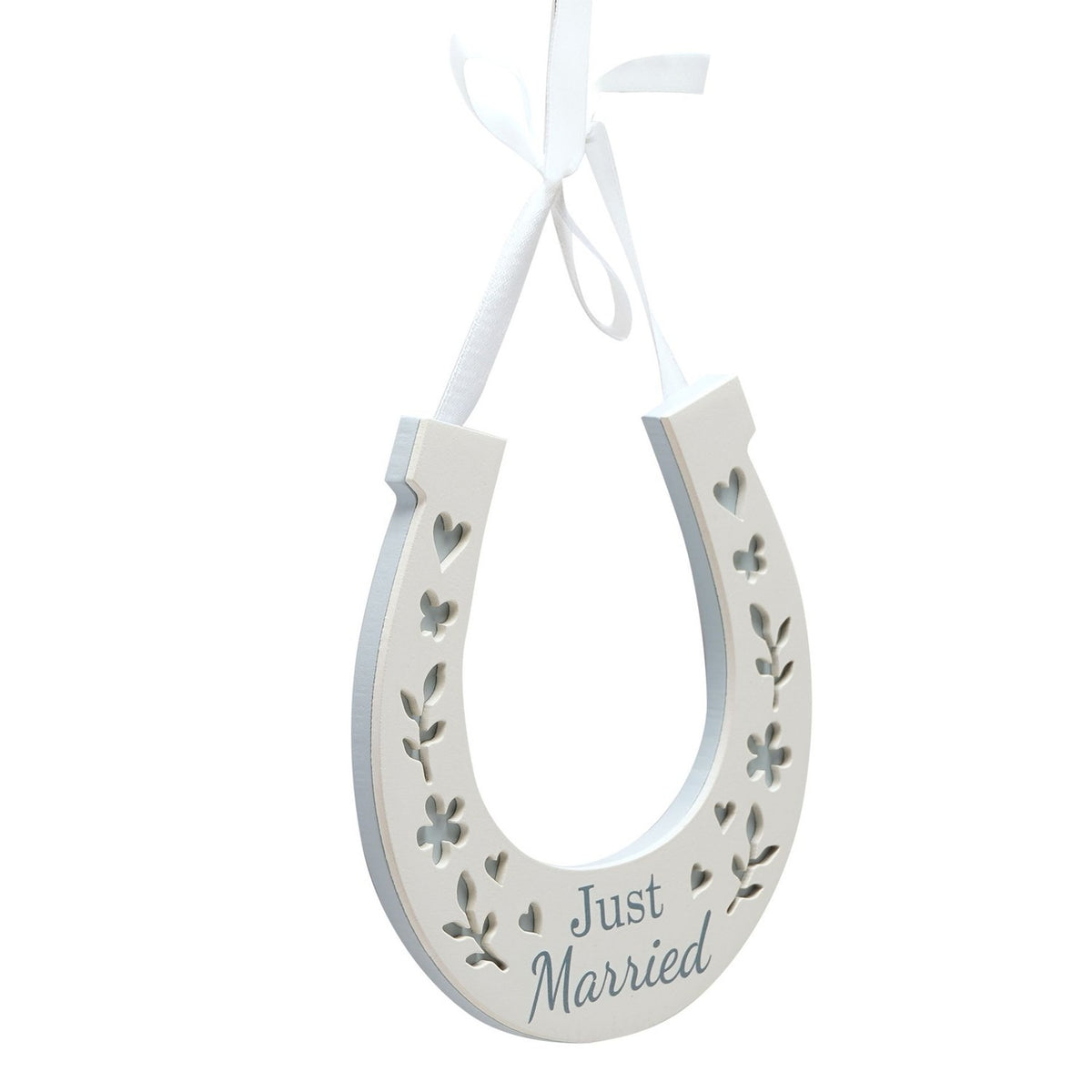 Just Married Wooden Horseshoe Wall Art with Ribbon - White