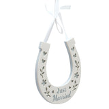 Just Married Wooden Horseshoe Wall Art with Ribbon - White