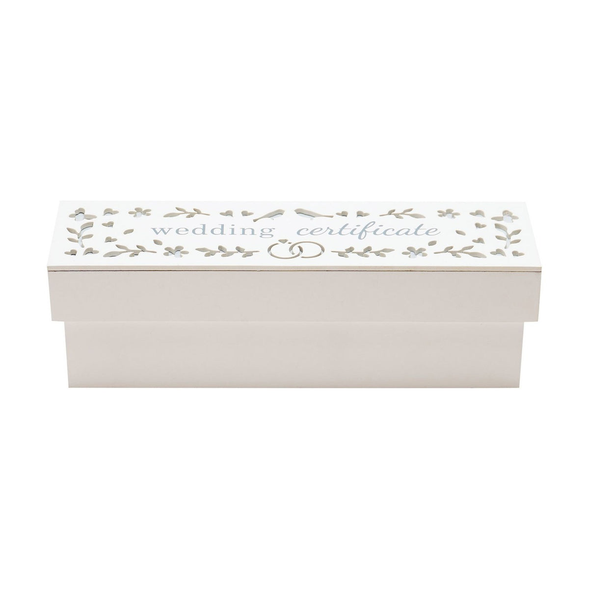 Wooden wedding certificate keepsake box with white lid, "wedding certificate" in dusty blue text, cut-out hearts, flowers, birds and linked rings, on a plain white background.