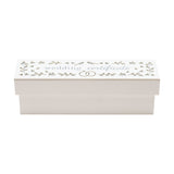 Wooden wedding certificate keepsake box with white lid, "wedding certificate" in dusty blue text, cut-out hearts, flowers, birds and linked rings, on a plain white background.