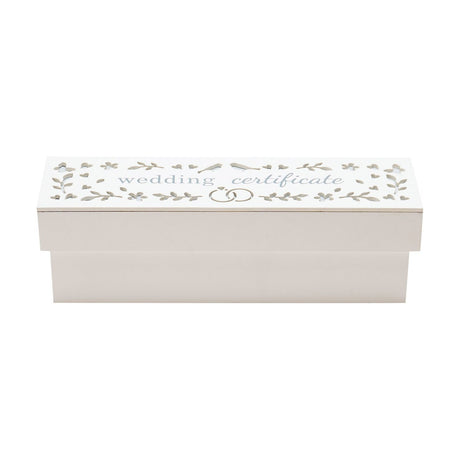 Wooden wedding certificate keepsake box with white lid, "wedding certificate" in dusty blue text, cut-out hearts, flowers, birds and linked rings, on a plain white background.
