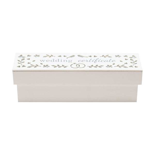 Wooden wedding certificate keepsake box with white lid, "wedding certificate" in dusty blue text, cut-out hearts, flowers, birds and linked rings, on a plain white background.