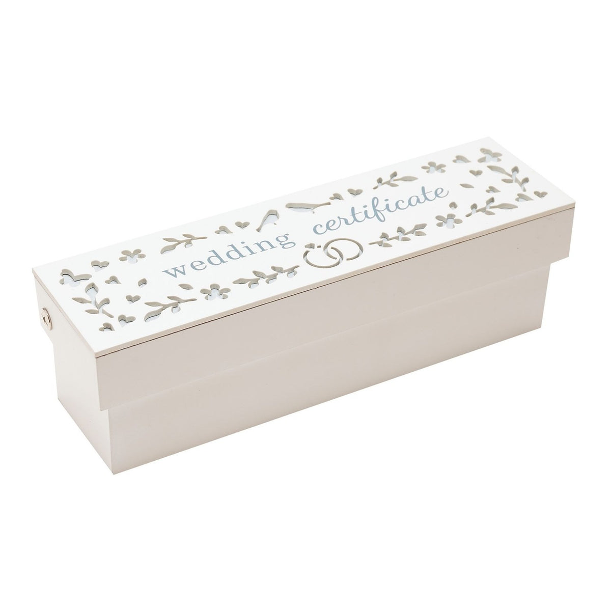 Rectangular wooden wedding certificate keepsake box with a white lid featuring "wedding certificate" in dusty blue, cut-out hearts, flowers, birds and linked rings, on a plain white background.