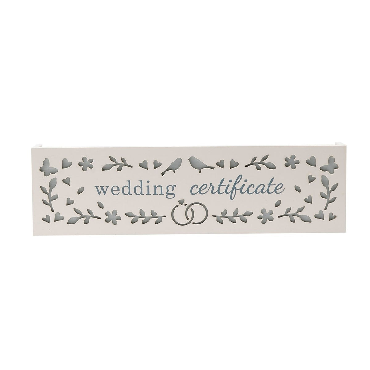 White wooden wedding certificate keepsake box with cut-out hearts, flowers, birds and linked rings in grey, "wedding certificate" in blue lettering, shown on a plain background.