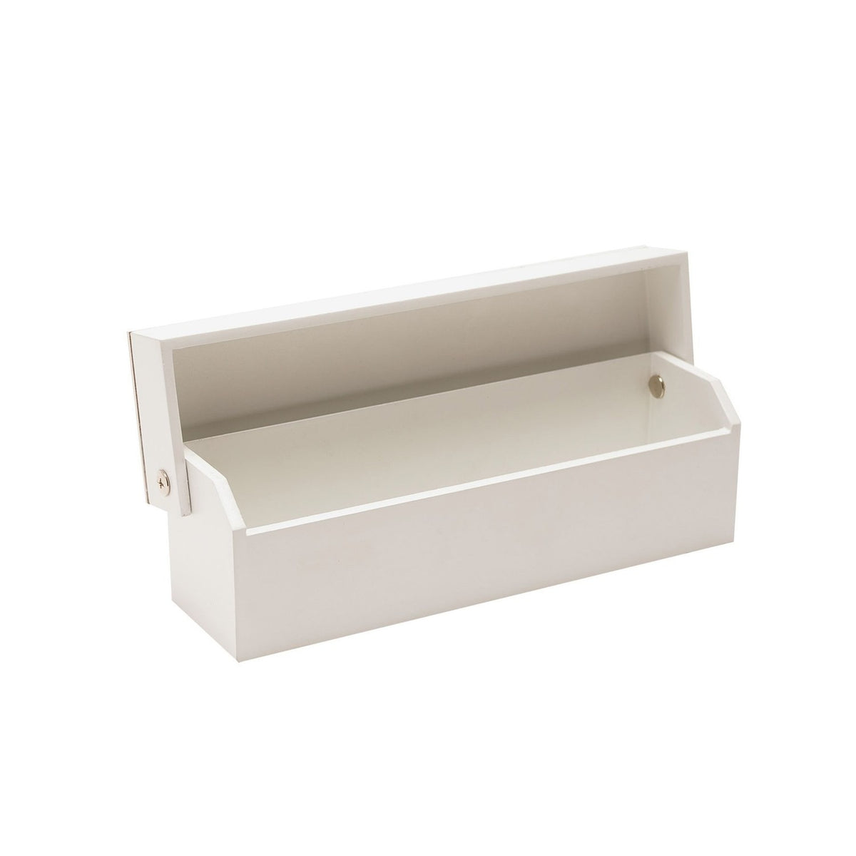 Wooden wedding certificate holder keepsake box with white finish, rectangular shape and angled lid, shown open and empty on a plain white background.