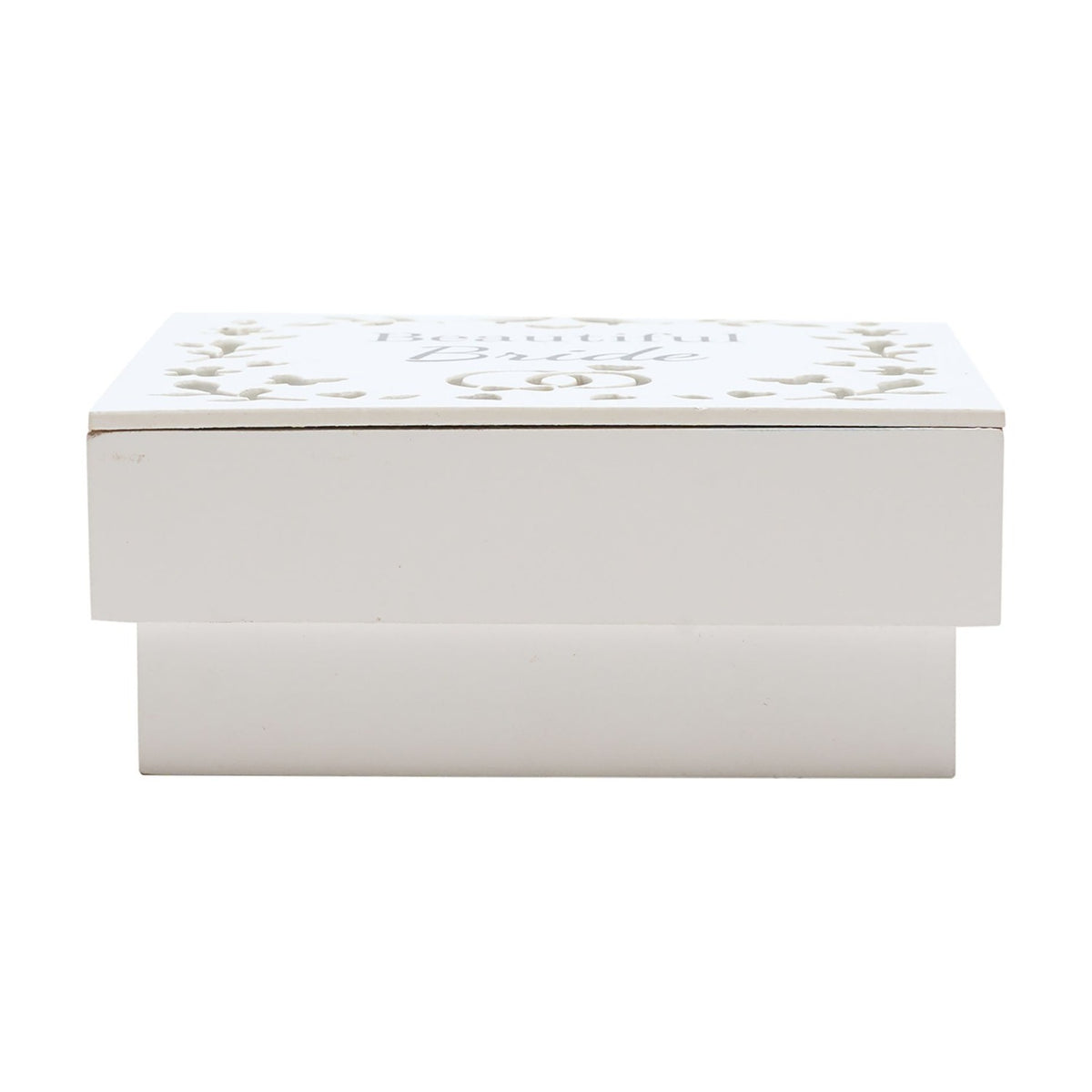 White wooden rectangular keepsake box with raised base, lid cut-out with "Beautiful Bride" text amid a floral leafy wreath design, plain white background.