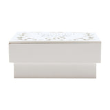 White wooden rectangular keepsake box with raised base, lid cut-out with "Beautiful Bride" text amid a floral leafy wreath design, plain white background.