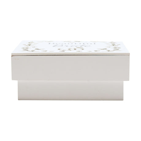 White wooden rectangular keepsake box with raised base, lid cut-out with "Beautiful Bride" text amid a floral leafy wreath design, plain white background.