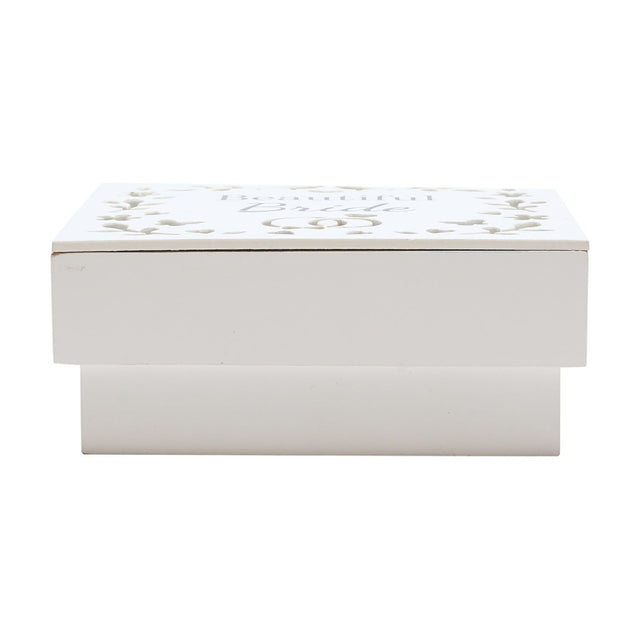 White wooden rectangular keepsake box with raised base, lid cut-out with "Beautiful Bride" text amid a floral leafy wreath design, plain white background.