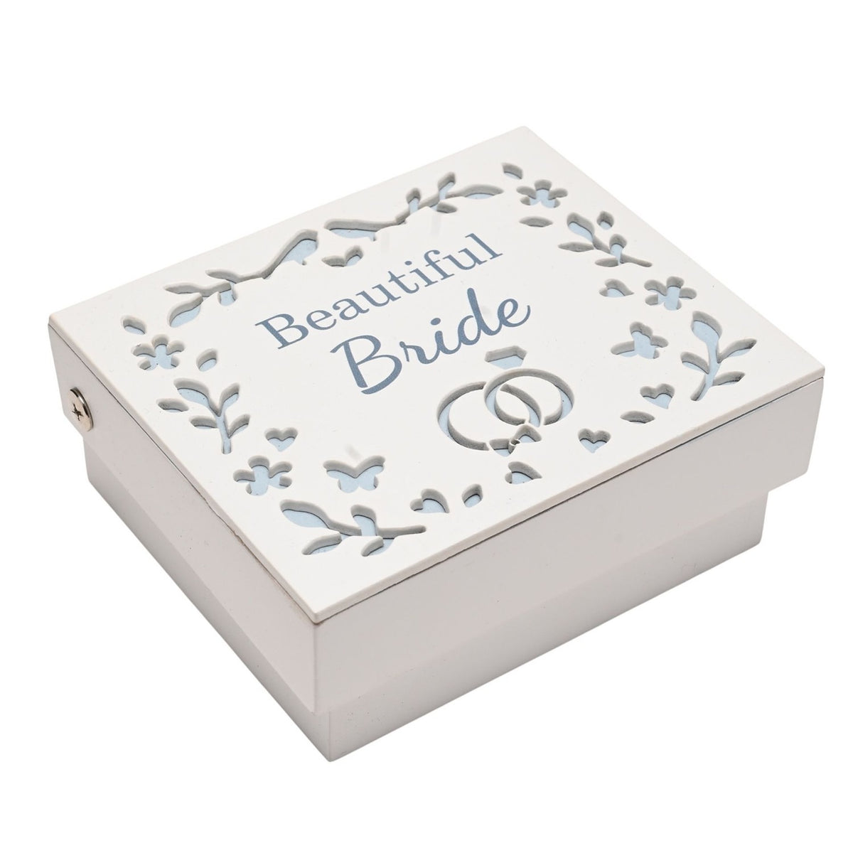 White wooden rectangular keepsake box with hinged lid, "Beautiful Bride" text, floral and butterfly cut-outs, and interlinked wedding rings, shown on a plain white background.