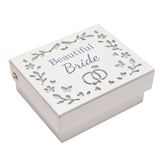 White wooden rectangular keepsake box with hinged lid, "Beautiful Bride" text, floral and butterfly cut-outs, and interlinked wedding rings, shown on a plain white background.