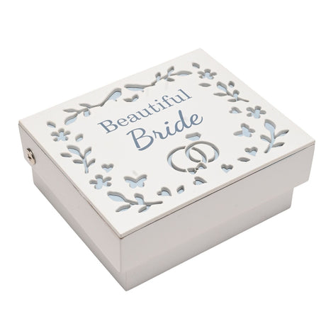 White wooden rectangular keepsake box with hinged lid, "Beautiful Bride" text, floral and butterfly cut-outs, and interlinked wedding rings, shown on a plain white background.