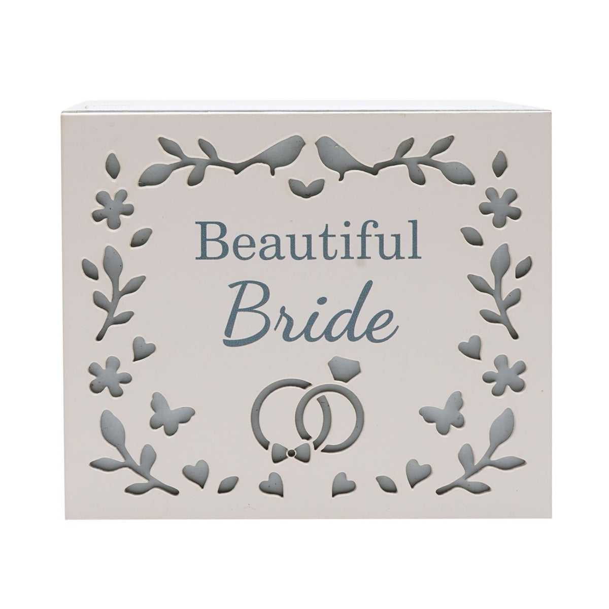 White wooden rectangular keepsake box with "Beautiful Bride" text, cut-out floral wreath, lovebirds, and interlinked wedding rings design, on a plain background.