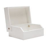 White wooden rectangular keepsake box shown open, revealing a plain interior with a small round closure button, set against a white background.