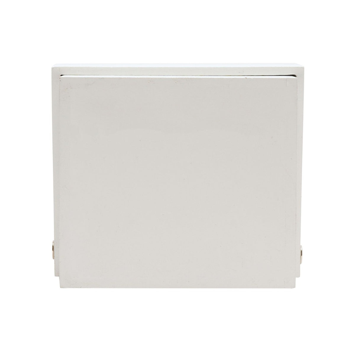 Rectangular white wooden keepsake box shown closed from the side, with a plain hinged lid and small metal catches, set against a plain white background.