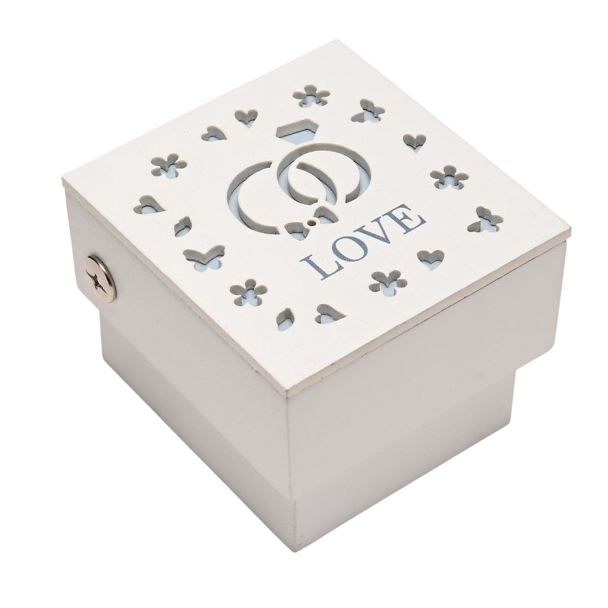 Love Cut Out Square Wooden Ring Jewellery Box - White & Blue