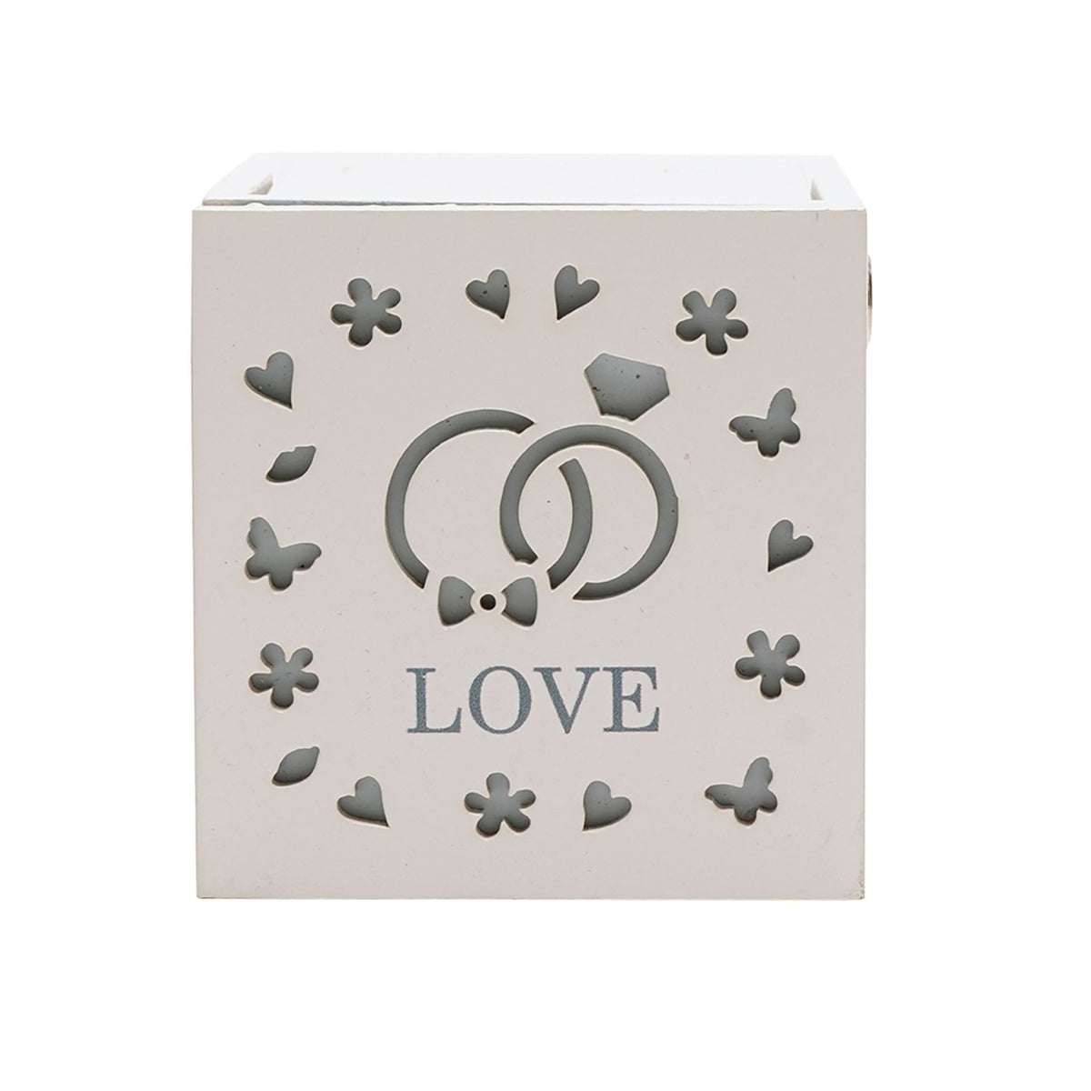 Love Cut Out Square Wooden Ring Jewellery Box - White & Blue
