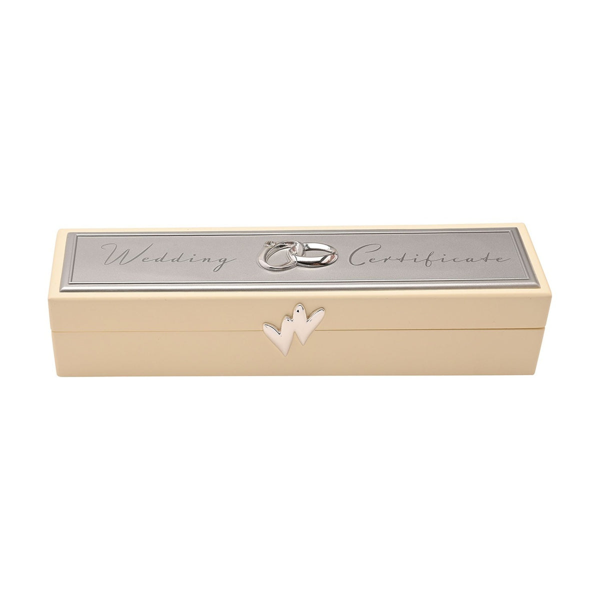 Rectangular ivory wooden keepsake box with hinged lid and silver-plated top plaque reading "Wedding Certificate" beside intertwined rings, dove clasp on front, shown on a white background.