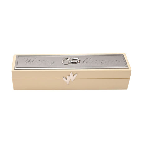Rectangular ivory wooden keepsake box with hinged lid and silver-plated top plaque reading "Wedding Certificate" beside intertwined rings, dove clasp on front, shown on a white background.