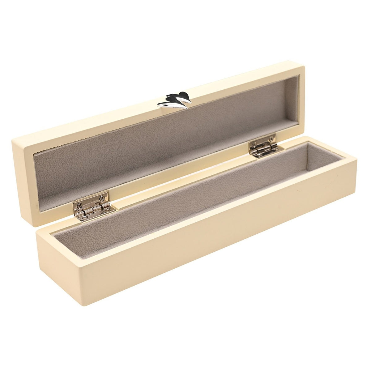 Ivory wooden Wedding Certificate keepsake box, slim rectangular shape with hinged lid open to reveal grey suede-lined interior and silver hinges, on a white background.
