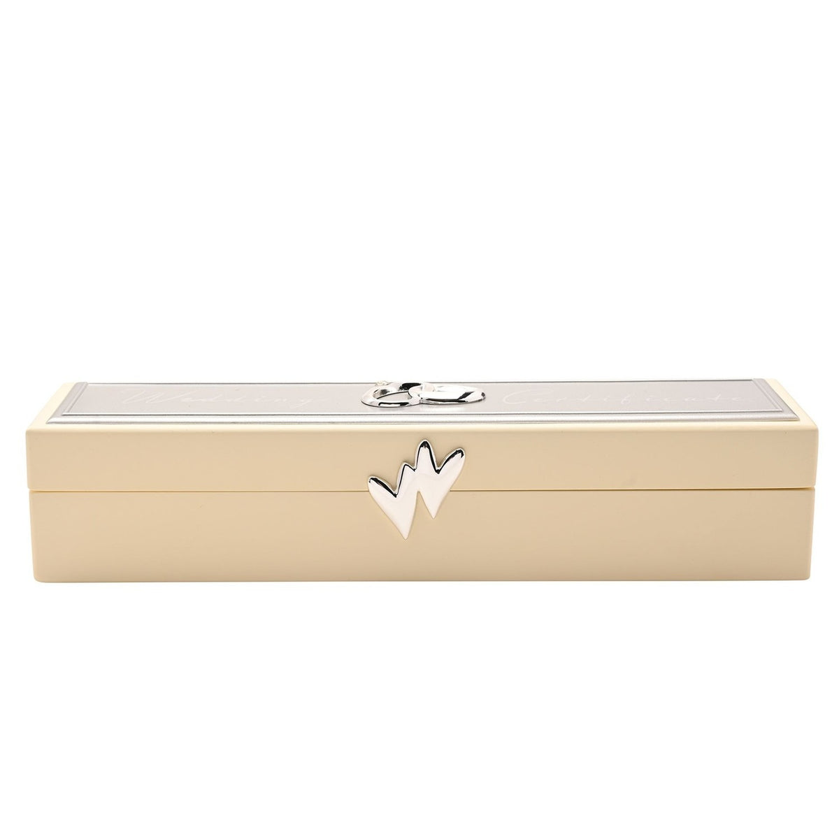 Ivory wooden keepsake box with hinged lid, silver crown accent, and silver Wedding Certificate plaque with intertwined rings on top, shown on a white background.