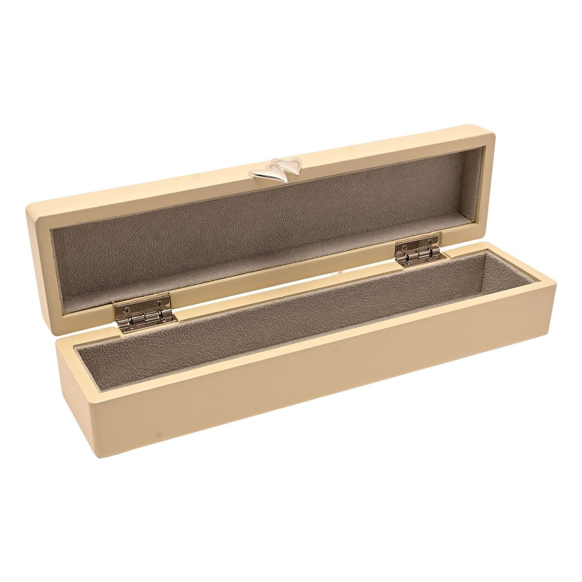 Open ivory wooden Wedding Certificate keepsake box with grey suede lining and silver hinges, slim rectangular shape, shown on a white background.