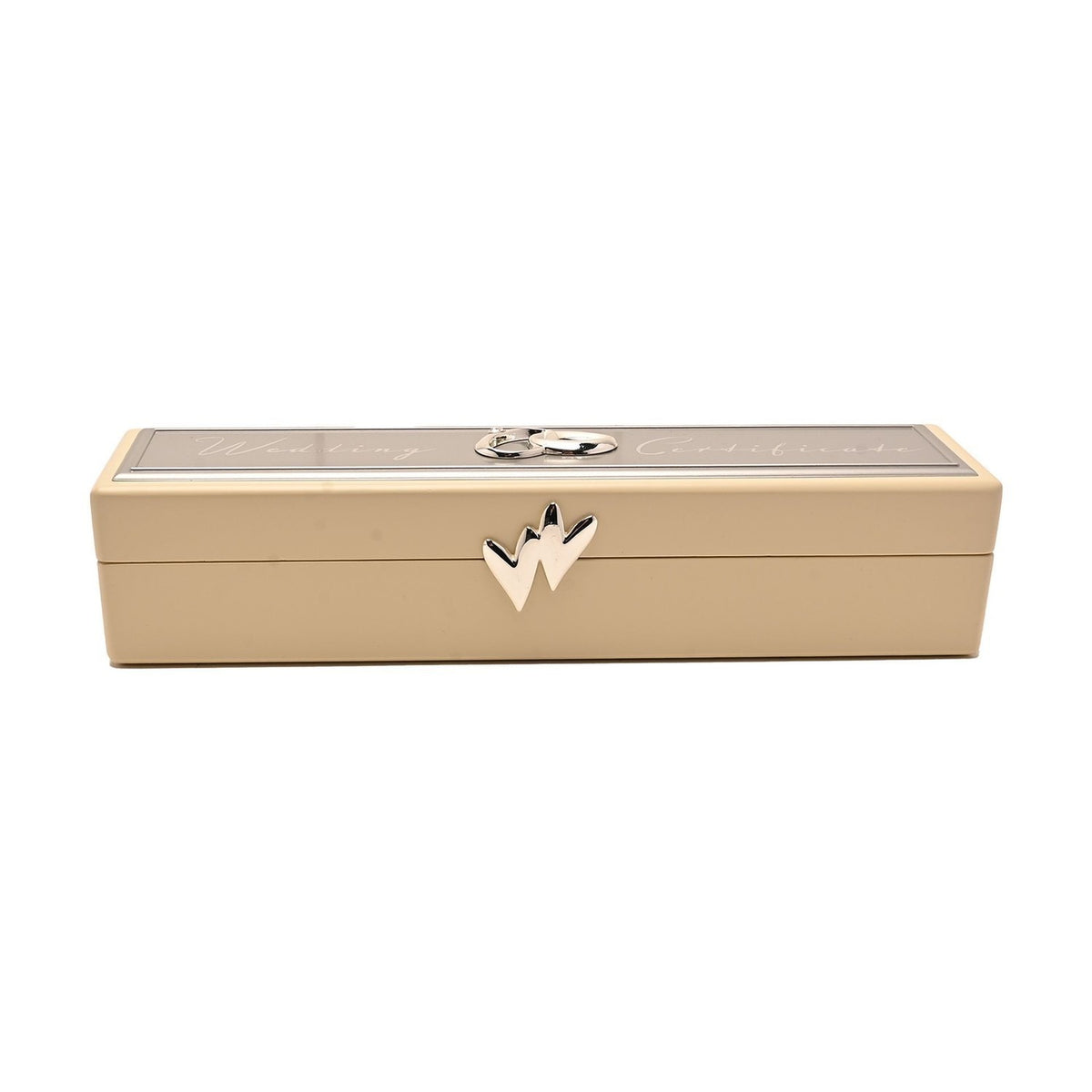 Ivory wooden keepsake box with hinged lid, slim rectangular shape, silver-plated "Wedding Certificate" plaque and intertwined rings motif, silver "W" clasp on front, shown on a plain white background.