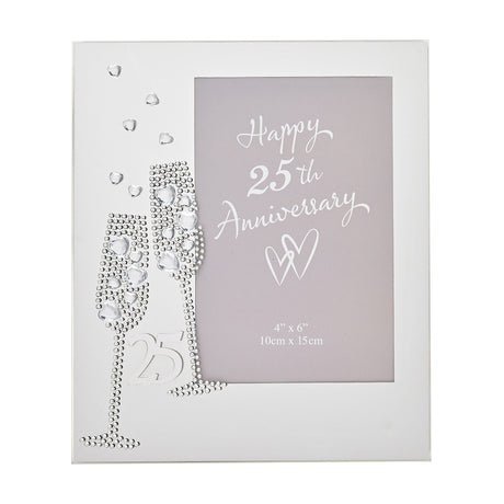 25th Anniversary photo frame in silver mirror finish with crystal champagne flutes, heart-shaped crystal bubbles and "25" motif, 6 x 4in aperture.