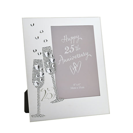 Silver mirror-finish 25th Anniversary photo frame for a 4x6in photo, with crystal-studded champagne flutes, heart-shaped crystal bubbles, and a "25" motif, shown on a white background.