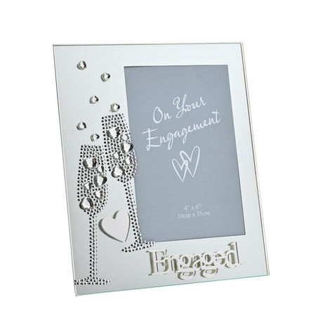 Engaged Crystal Heart Flute Mirror Photo Frame 6 x 4in - Silver