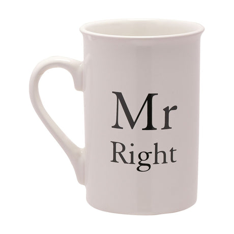 Tall ivory stoneware mug with a curved handle, printed "Mr Right" in black serif lettering, shown on a plain white background.